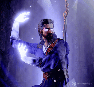 Man In Purple Robe Holding Cane In Front Of Mistress-Light Sign GIF