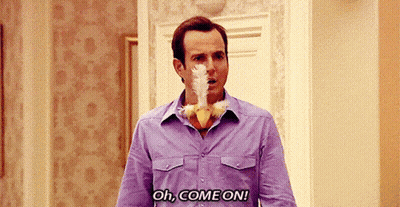 Man In Purple Shirt Holding Stuffed Chicken In Mouth Saying Oh Come On GIF