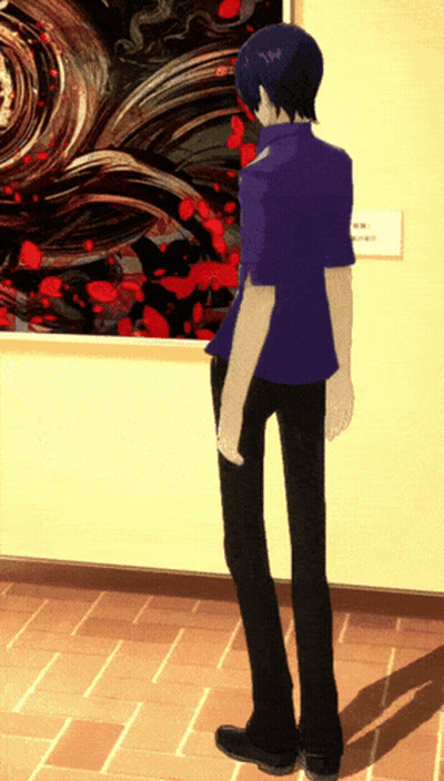 Man In Purple Shirt In Front Of Painting GIF