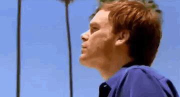 Man in Purple Shirt Looking Up at Sky