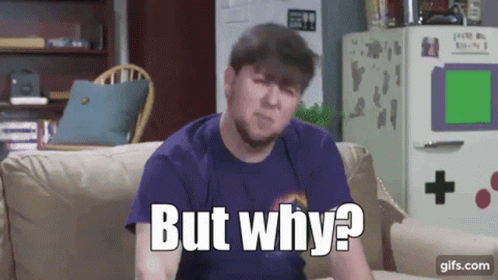 Man In Purple Shirt On Couch Saying But Why GIF