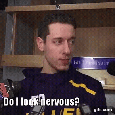 Man In Purple Shirt Saying Do I Look Nervous GIF