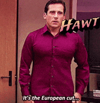 Man In Purple Shirt Says It's The European Cut GIF