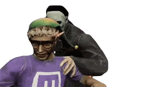 Man In Purple Shirt With E Being Touched Sticker