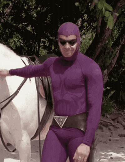 Man In Purple Superhero Costume Petting White Horse GIF