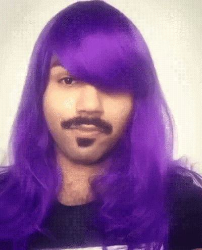 Man In Purple Wig And Mustache GIF
