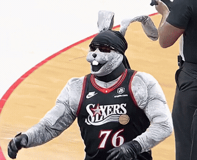 Man In Rabbit Costume And Sixers Jersey GIF