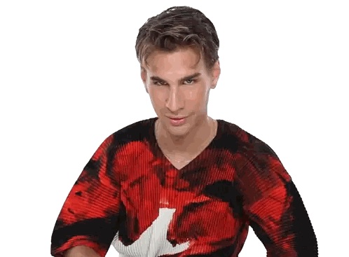 Man In Red And Black Shirt With White Star Sticker