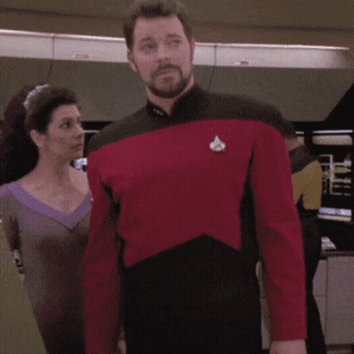 Man In Red And Black Star Trek Uniform GIF