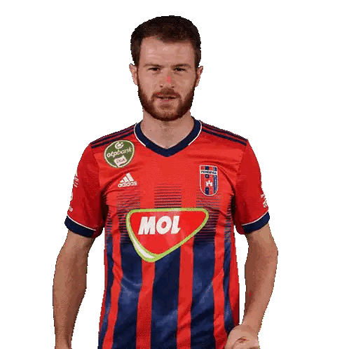 Man In Red And Blue Striped Jersey With Mol Sticker
