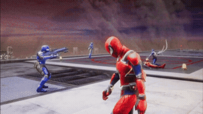 Man In Red And Blue Superhero Costume With Soldiers GIF