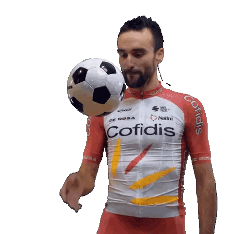 Man In Red And White Cofidis Jersey Kicking Ball Sticker