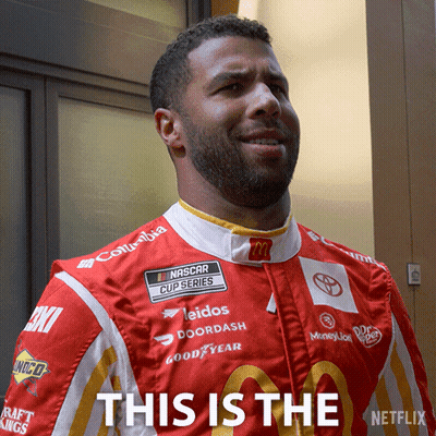 Man In Red And White NASCAR Uniform Says This Is The Netflix Logo GIF