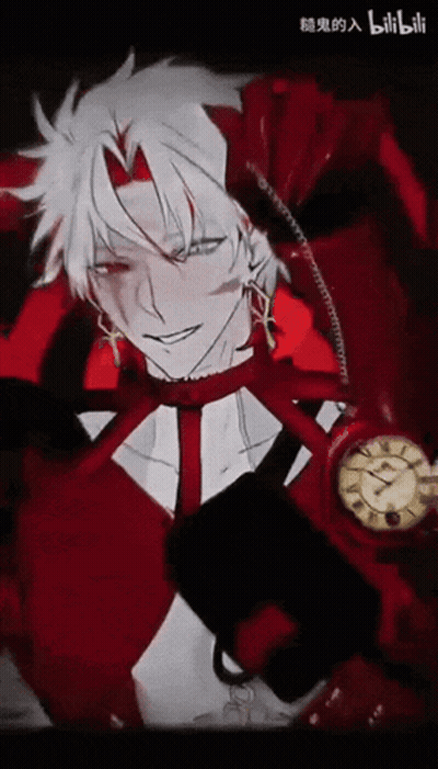 Man In Red And White Outfit With Clock GIF