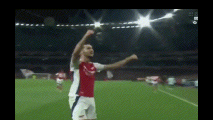 Man In Red-And-White Soccer Uniform Arms Up GIF