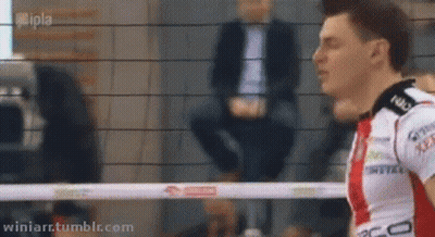 Man In Red And White Volleyball Uniform Saying Metals GIF