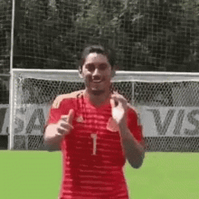 Man In Red And Yellow Striped Shirt At Soccer Goal GIF