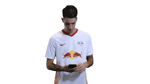 Man In Red Bull Shirt Looking At Phone Sticker
