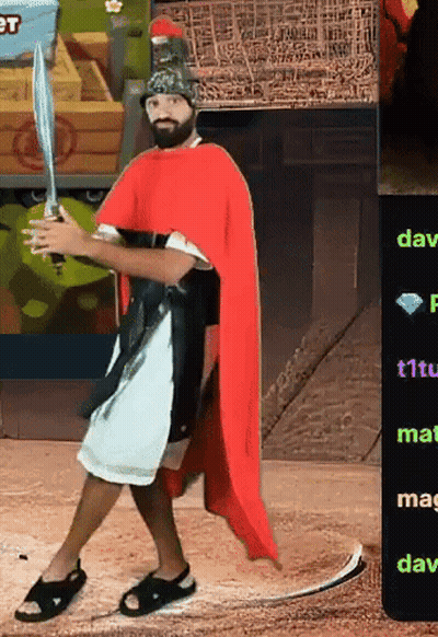 Man In Red Cape And Helmet Holding Sword GIF