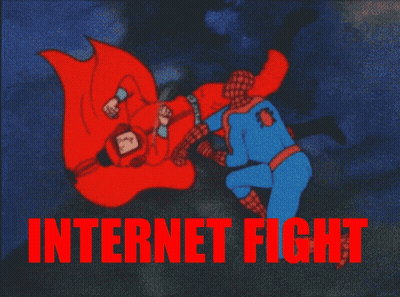 Man In Red Cape Fighting Blue Suit Internet Fight GIF