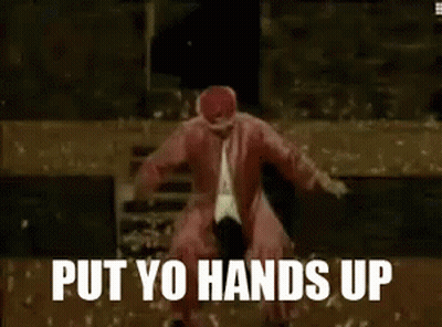 Man In Red Coat Dancing Put Yo Hands Up GIF
