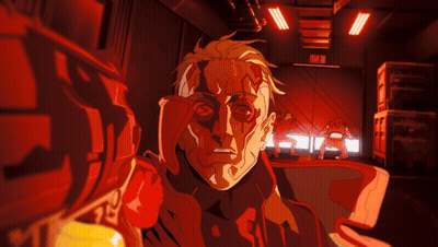 Man In Red Coat In Front Of Red Wall With Blue Light GIF