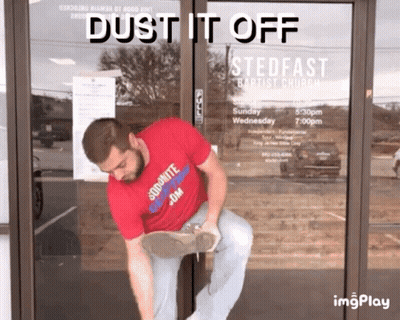 Man In Red Dust It Off Shirt Cleaning Door GIF