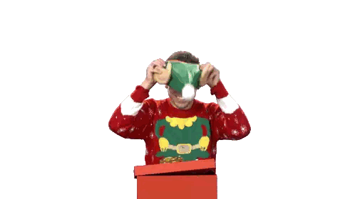 Man In Red Elf Hat Standing By Red Box Sticker