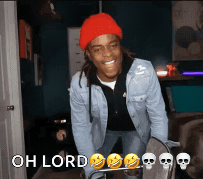 Man In Red Hat And Denim Jacket Says Oh Lord GIF