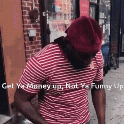 Man In Red Hat And Striped Shirt Says Get Ya Money Up GIF