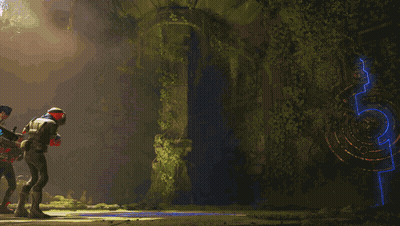 Man In Red Helmet Standing In Front Of Glowing Blue Robot GIF