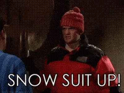 Man In Red Jacket And Hat Says Snow Suit Up GIF