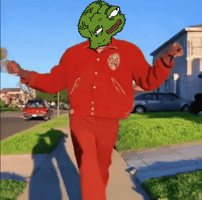 Man In Red Jacket And Red Pants With Green Frog On Head GIF