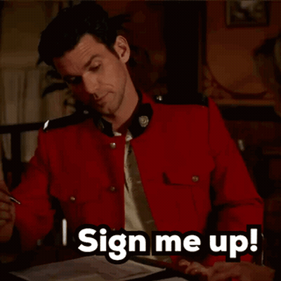 Man In Red Jacket And Woman Sign Me Up GIF