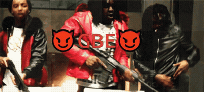 Man In Red Jacket Holding Gun In Front Of CBE Sign GIF