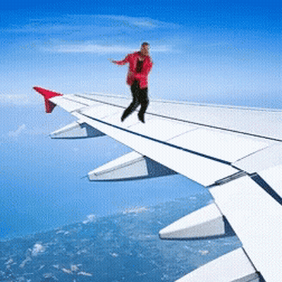 Man In Red Jacket Standing On Plane Wing GIF