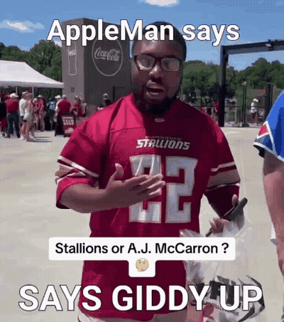 Man In Red Jersey Says Giddy Up GIF