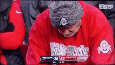 Man In Red Ohio State Shirt And Gray Hat GIF
