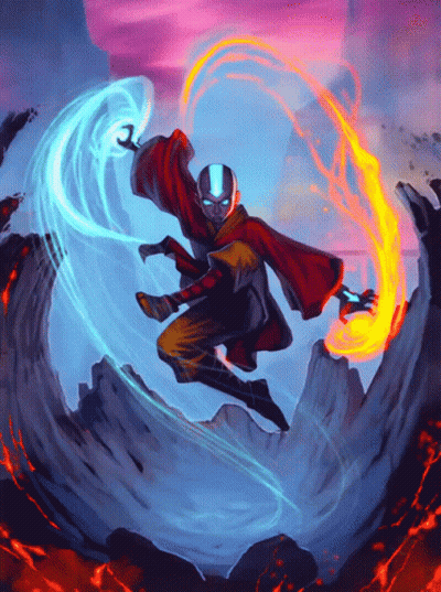 Man In Red Robe Flying Holding Blue And Orange Flame GIF