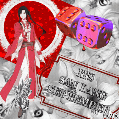 Man In Red Robe Next To Purple Dice And Sign It's San Lang September GIF