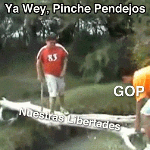 Man In Red Shirt 83 Standing On Log Over River GIF
