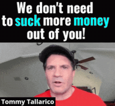 Man In Red Shirt And Black Hat Saying We Don't Need To Suck More Money Out Of You GIF