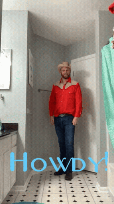 Man In Red Shirt And Cowboy Hat Saying Howdy GIF