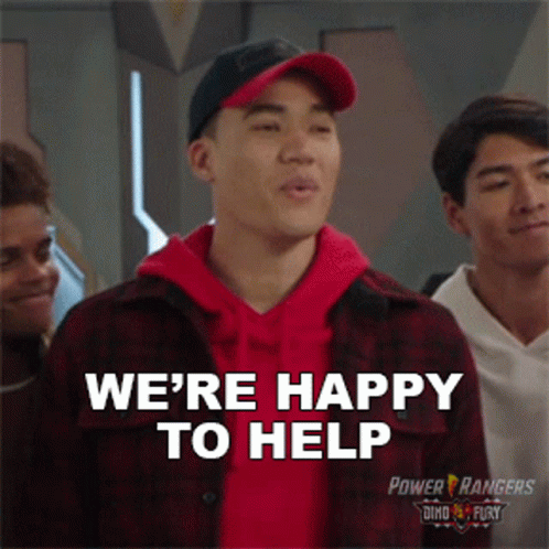 Man In Red Shirt And Hat Saying We're Happy To Help GIF