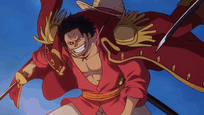 Man In Red Shirt And Straw Hat Holding Sword GIF