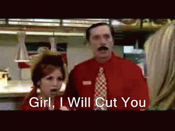Man In Red Shirt And Tie Says Girl I Will Cut You GIF