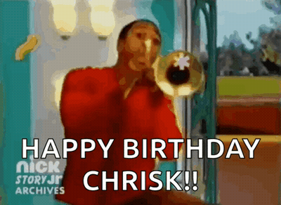 Man In Red Shirt Blowing Trumpet Says Happy Birthday Chris GIF