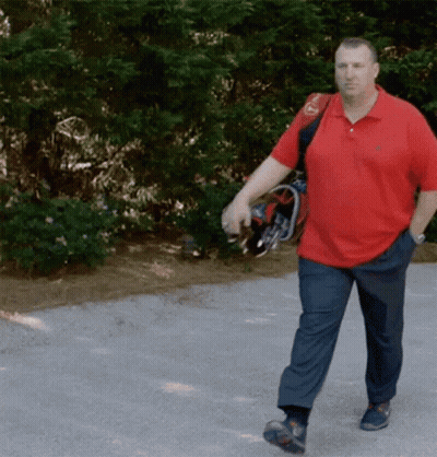 Man In Red Shirt Carrying Golf Bag With Letter G GIF