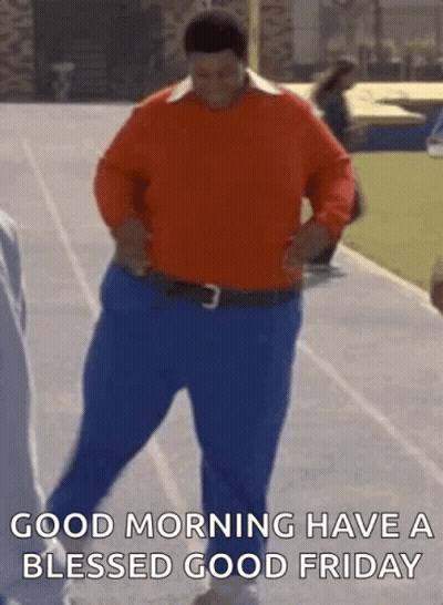 Man In Red Shirt Dancing On Track Says Good Morning Have A Blessed Good Friday GIF