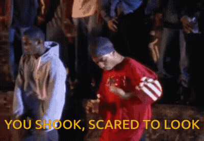 Man In Red Shirt Dancing With You Shook Scared To Look GIF